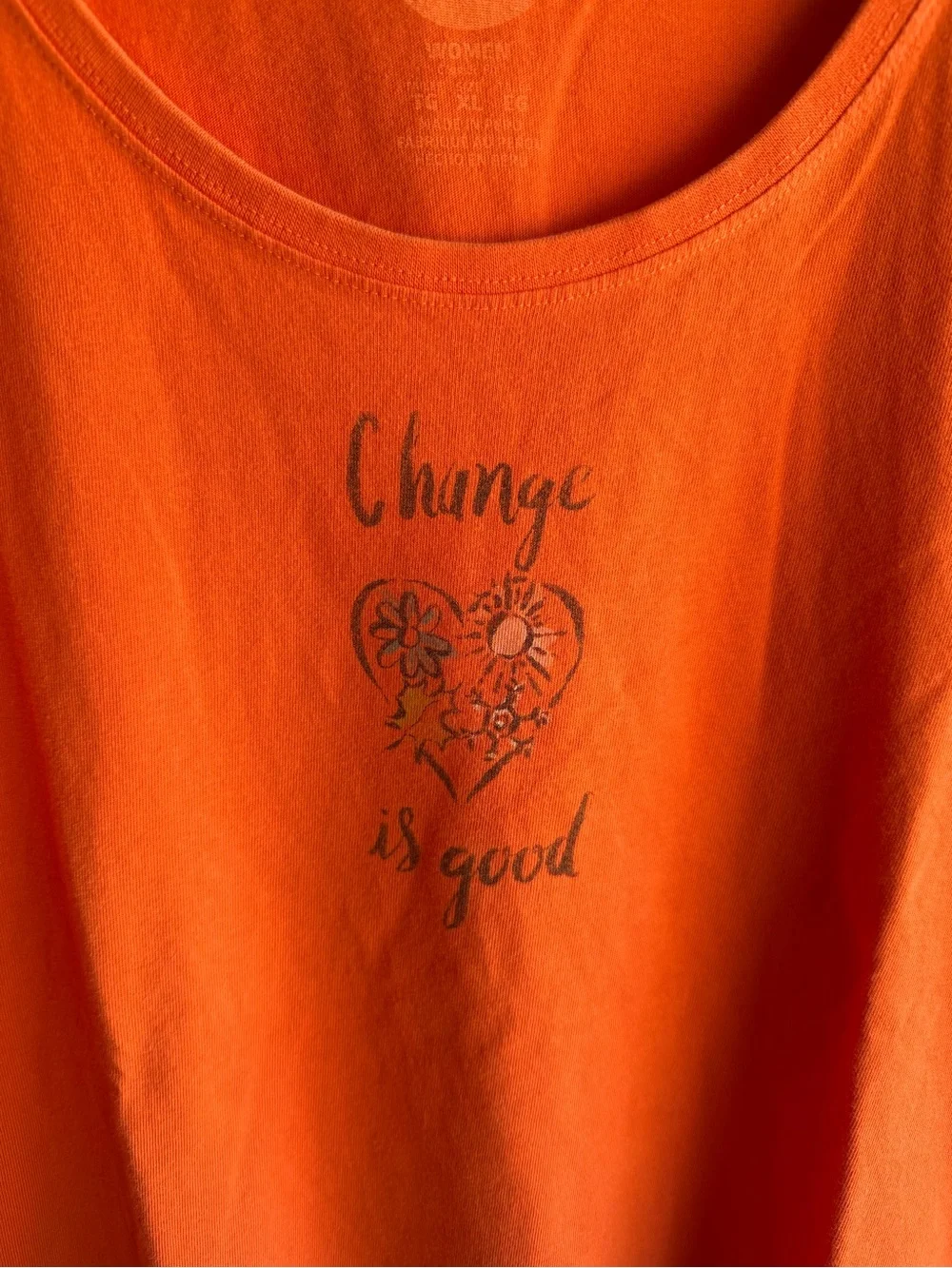Life Is Good Bright Orange Scoop Neck Tee with Heart Graphic. “Change Is Good”